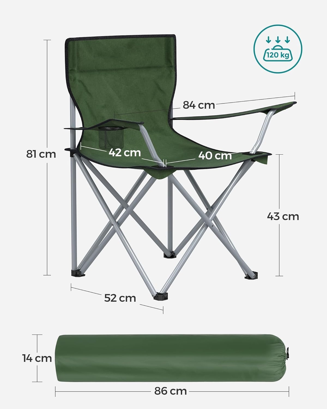 SONGMICS Set 2 scaune pliabile camping cu suport bauturi, husa transport, 52x84x81 cm, 120 kg, verde