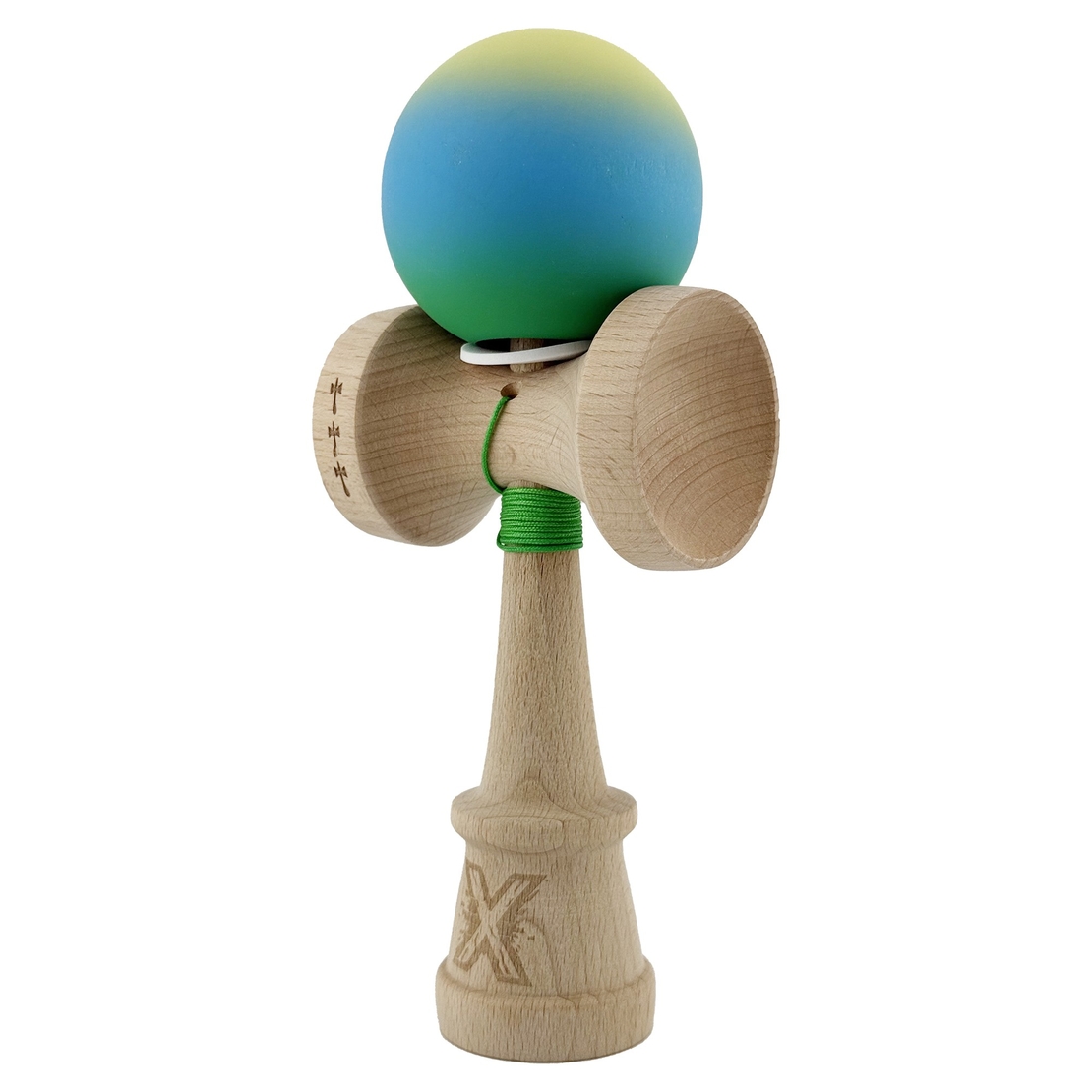 Kendama X Originala, Profesionala, Flippy, Cupe Mari KING SIZE V3, Rubber Grip, Gaura in Baza, Rulment Metalic, din lemn 18 cm, Ata 62/65 cm, Gradient Galben/Albastru/Verde