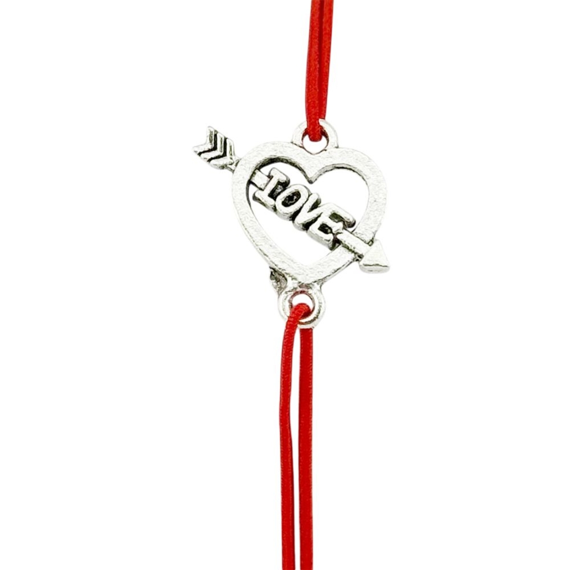 Martisor Bratara Elastica cu Pandantiv din Inox, Jolie, pentru Dama, Set 12 bucati, Snur Rosu Textil, Model Inima Love