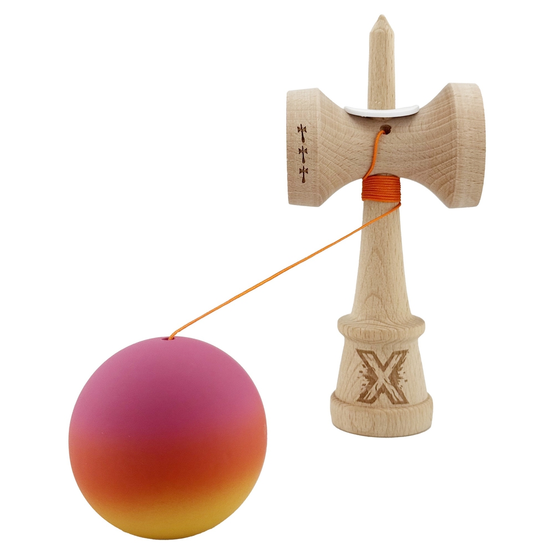 Kendama X Originala, Profesionala, Flippy, Cupe Mari KING SIZE V3, Rubber Grip, Gaura in Baza, Rulment Metalic, din lemn 18 cm, Ata 62/65 cm, Gradient Roz/Rosu/Galben