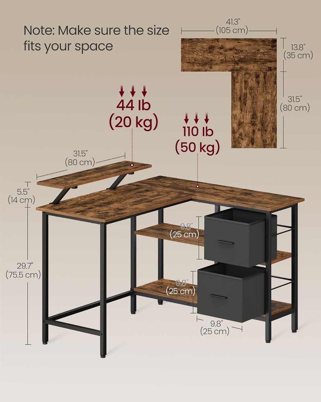 VASAGLE Birou de colt in forma L, cu 2 sertare si suport monitor, montare pe ambele parti, stil industrial, 115x105 cm, maro rustic