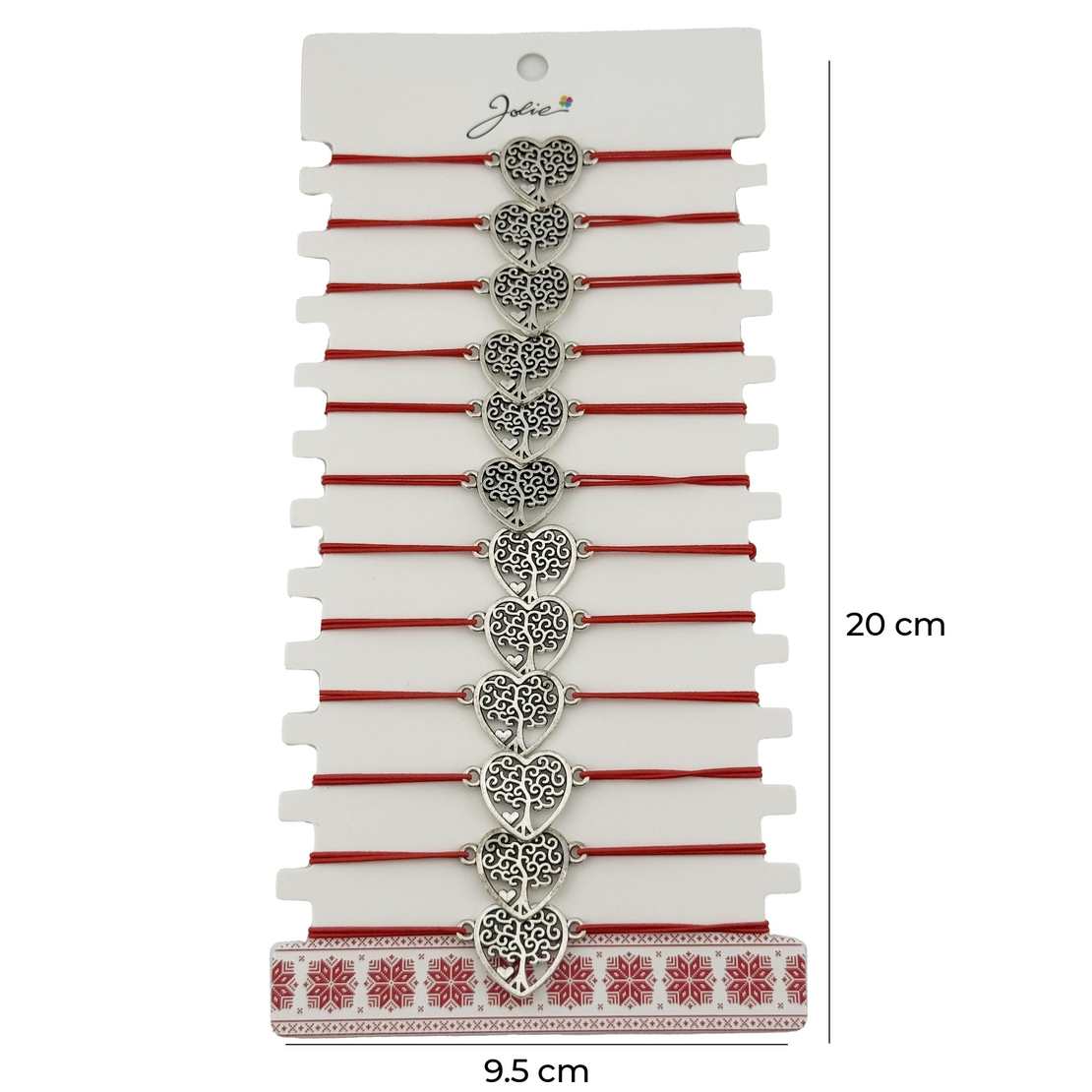 Bratara Martisor pentru Dama, Jolie, Model Copac in Inima, Set 12 bucati, Pandativ Argintiu din Inox cu Snur Rosu Ajustabil