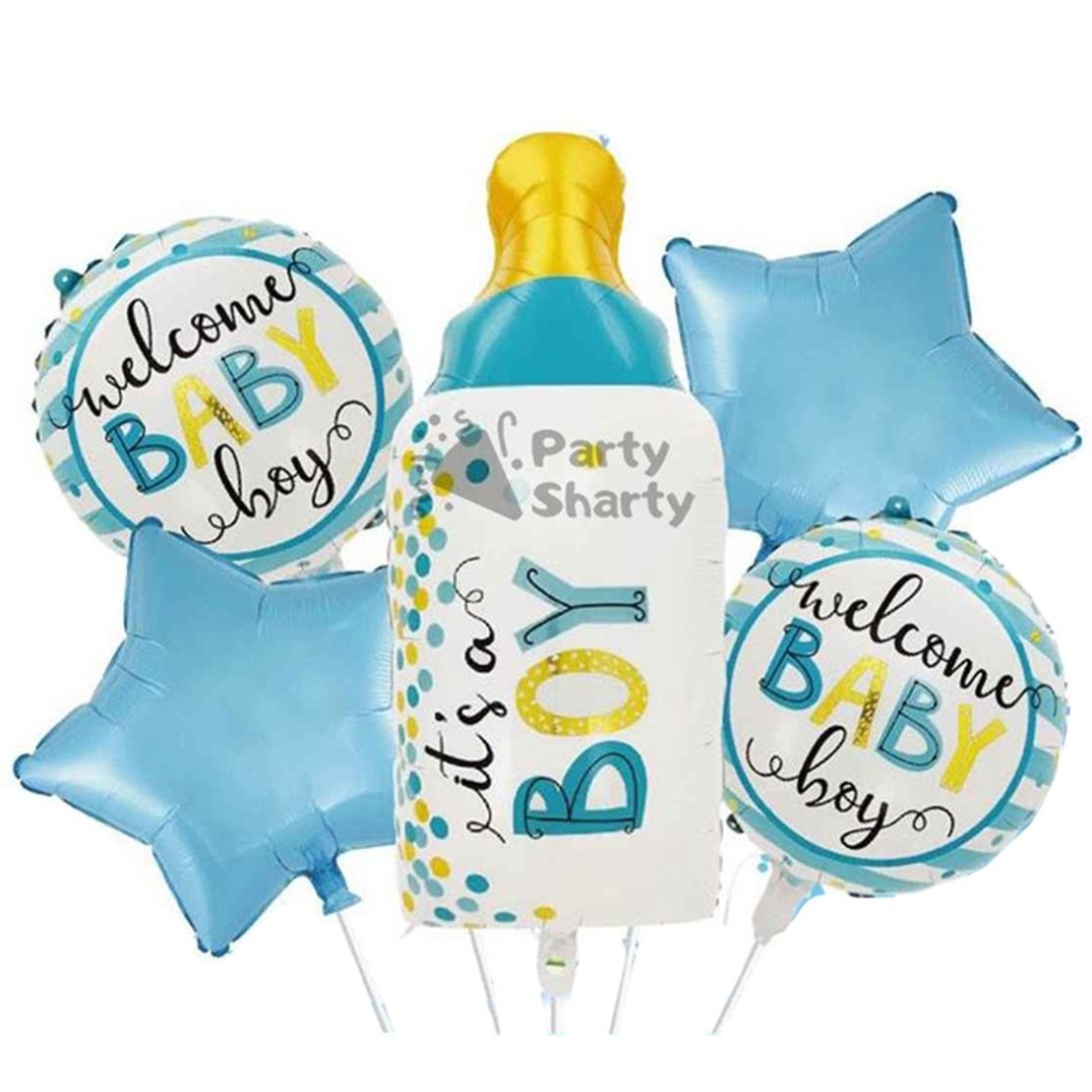 Baloane decorative GENDER REVEAL PARTY, Vafy, Figurina Sticla, Model IT'S A BOY, Set din 5 baloane, 40 x 77 cm, pentru Botez, Albastru