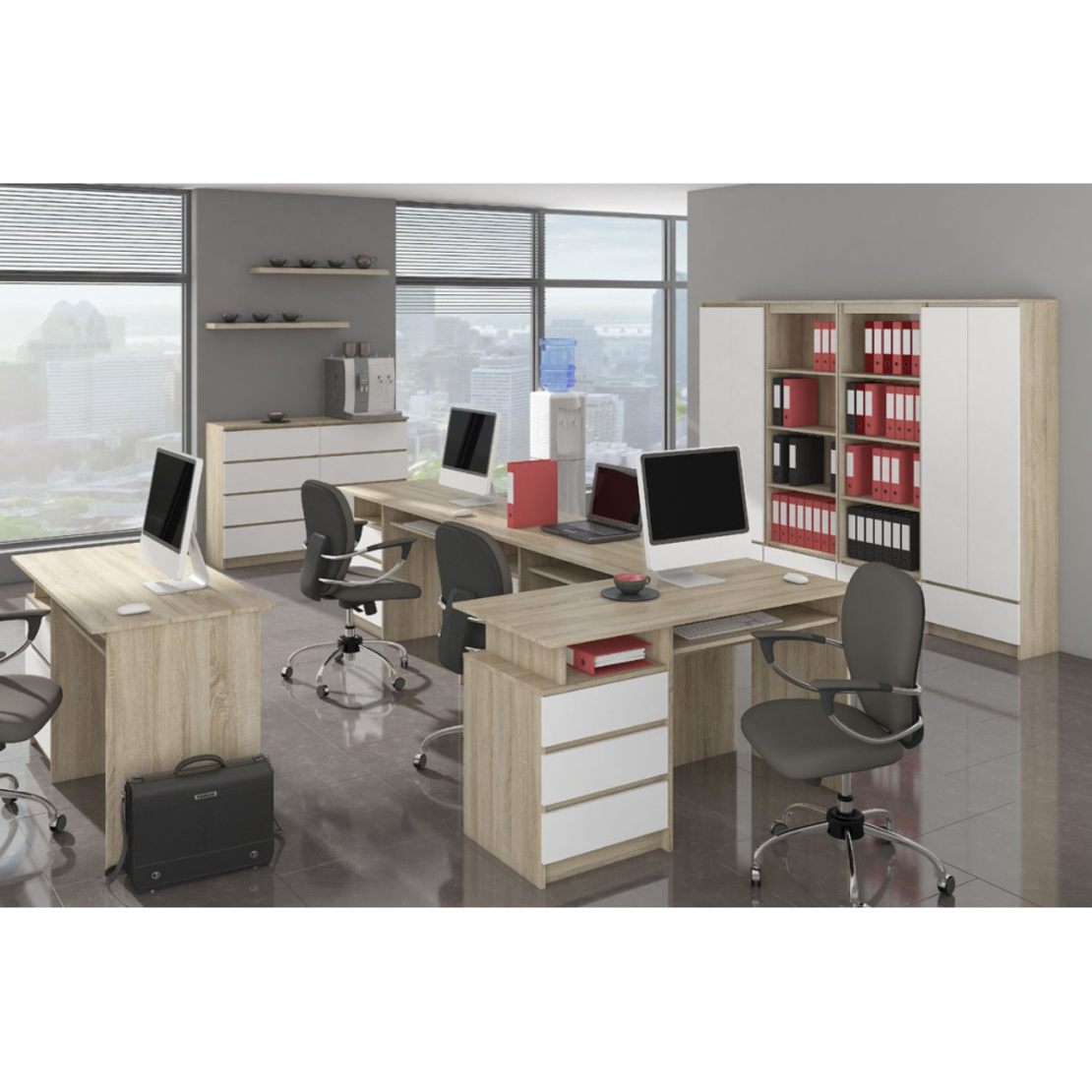 Birou colt stanga in L cu 3 sertare si rafturi, PAL laminat 16 mm, 155x85x77 cm, stejar sonoma si alb