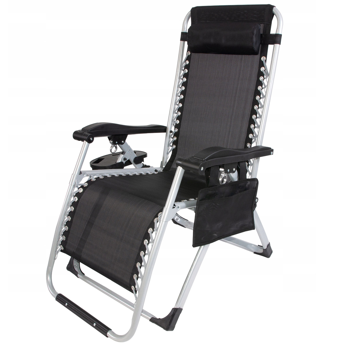 Sezlong pliabil gravitate zero, 175x65 cm, cu masuta si buzunar organizator, 120 kg, negru