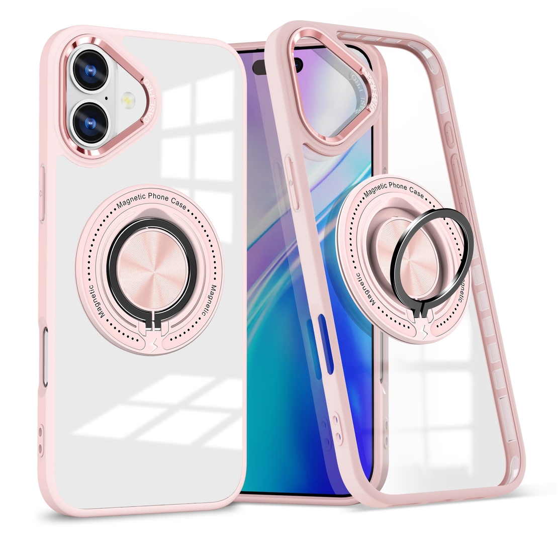 Husa de Protectie TPU, Vafy, pentru iPhone 16 Plus, Anticadere, cu Incarcare Wireless, Tehnologie Magsafe, Inel Magnetic Rotativ cu Functie de Suport, Transparent-Roz