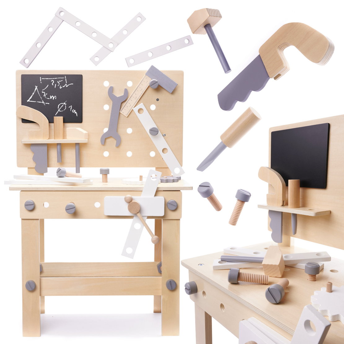 Banc de lucru copii din lemn cu unelte incluse, masa 45x26x67 cm, set DIY pentru micul mester