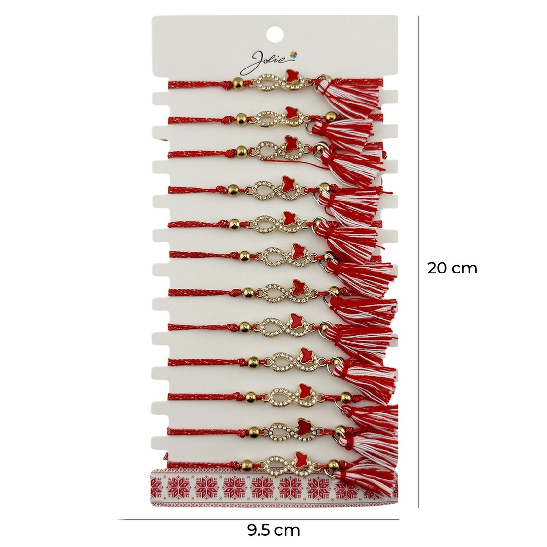 Martisor Bratara cu Ciucure pentru Dama, Jolie, Model Infinit cu Fluture, Set 12 bucati, Pandativ din Inox cu Pietre, Snur Reglabil, Rosu/Alb
