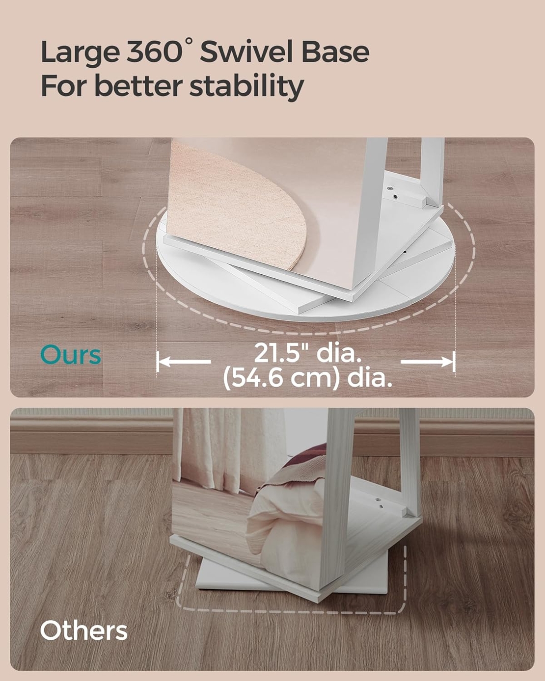 SONGMICS Oglinda de podea cu suport rotativ la 360°, cu spatiu de depozitare, material MDF, 55x55x162 cm, alb