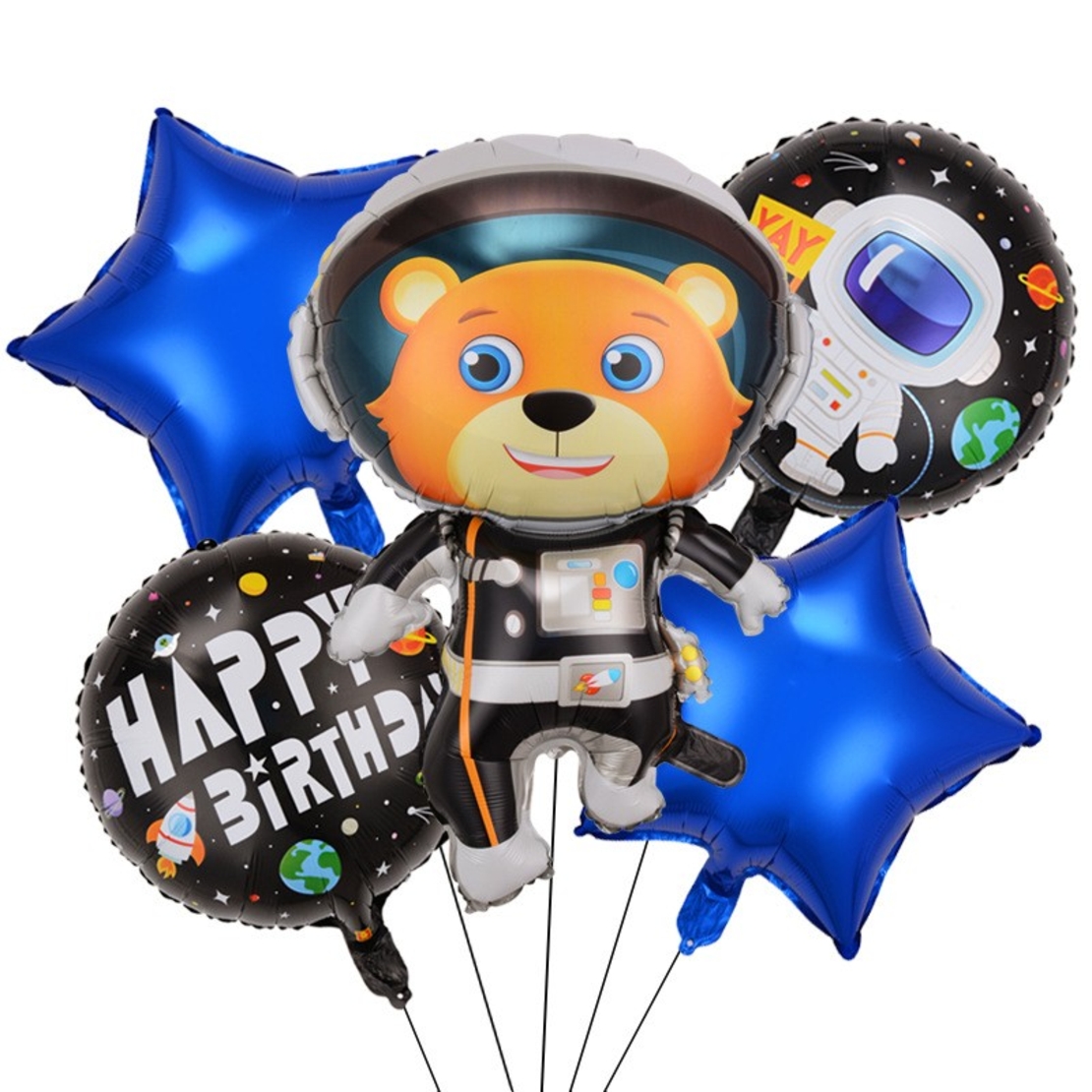 Set 5 baloane din folie metalizata HAPPY BIRTHDAY, Flippy, Figurina Model Ursuletul Spatial, Stelute Albastre, Adeziv si pai incluse, 78 x 45cm, Multicolor