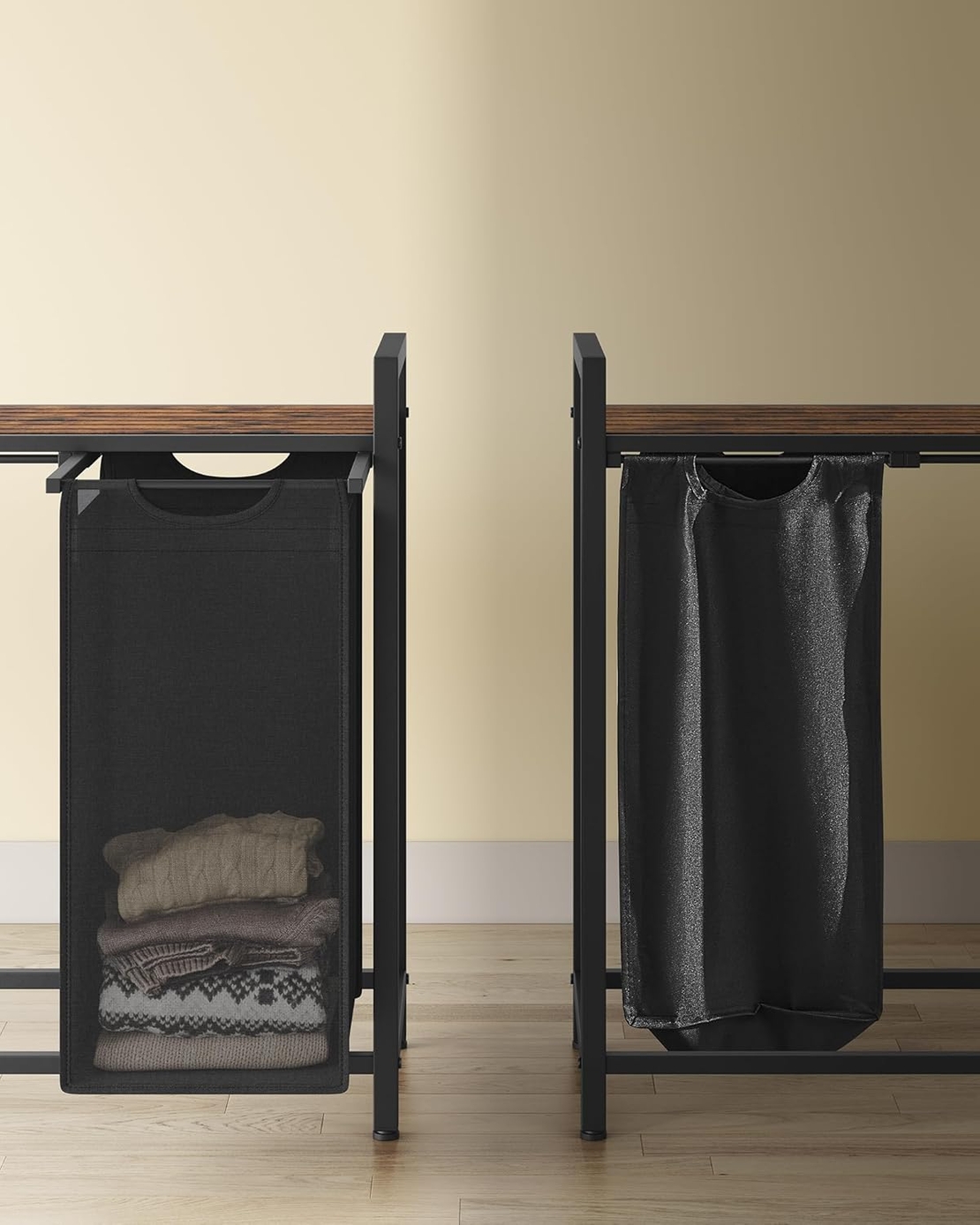VASAGLE Cos rufe 4x40L, saci detasabili, raft superior si cadru metalic, 116x33x72 cm, maro si negru