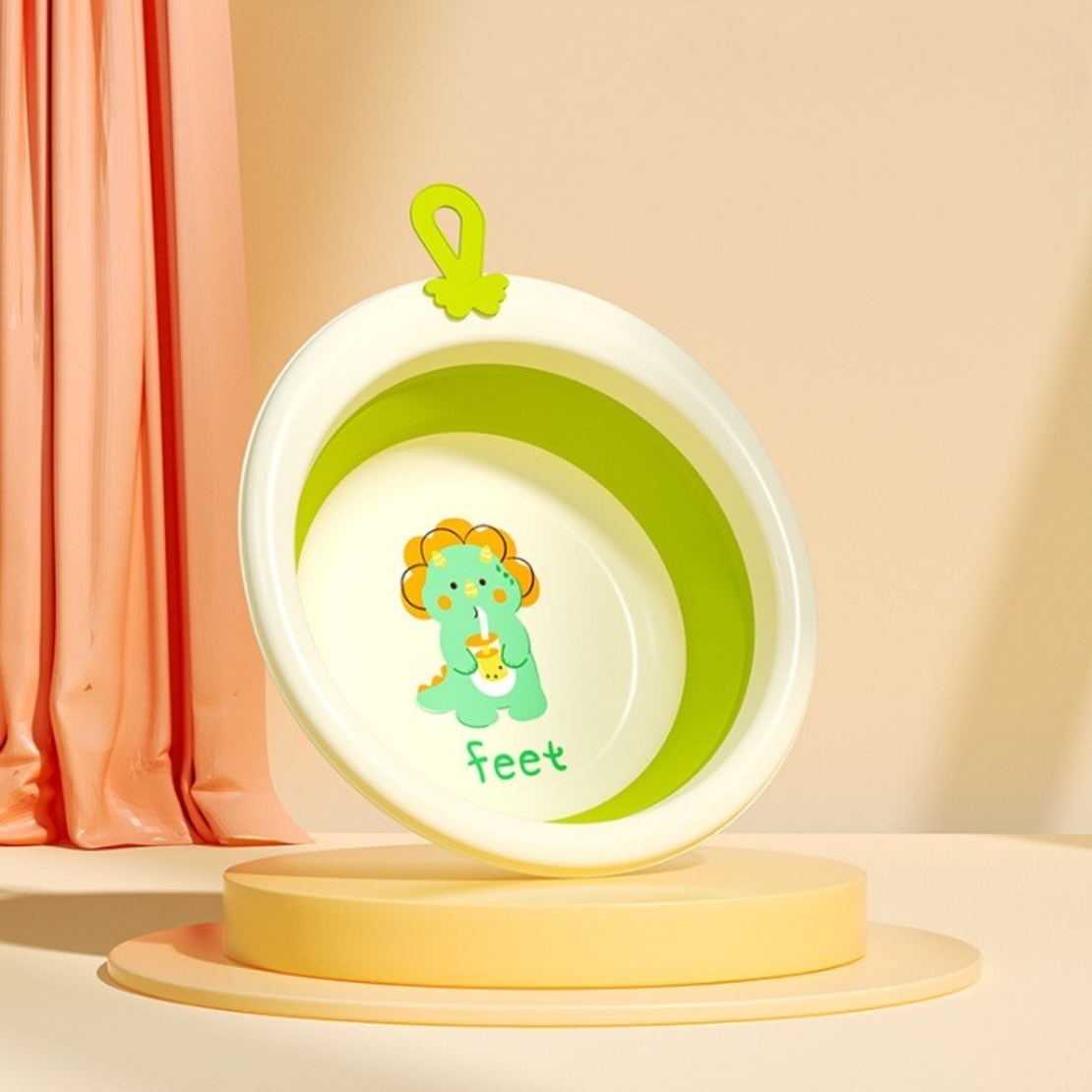 Cada Pliabila pentru Baie pentru Copii, Flippy, Cadita pentru Bebelusi, Model Rotund cu Dinozaur, Verde, 30x30x3.7 cm, 4L