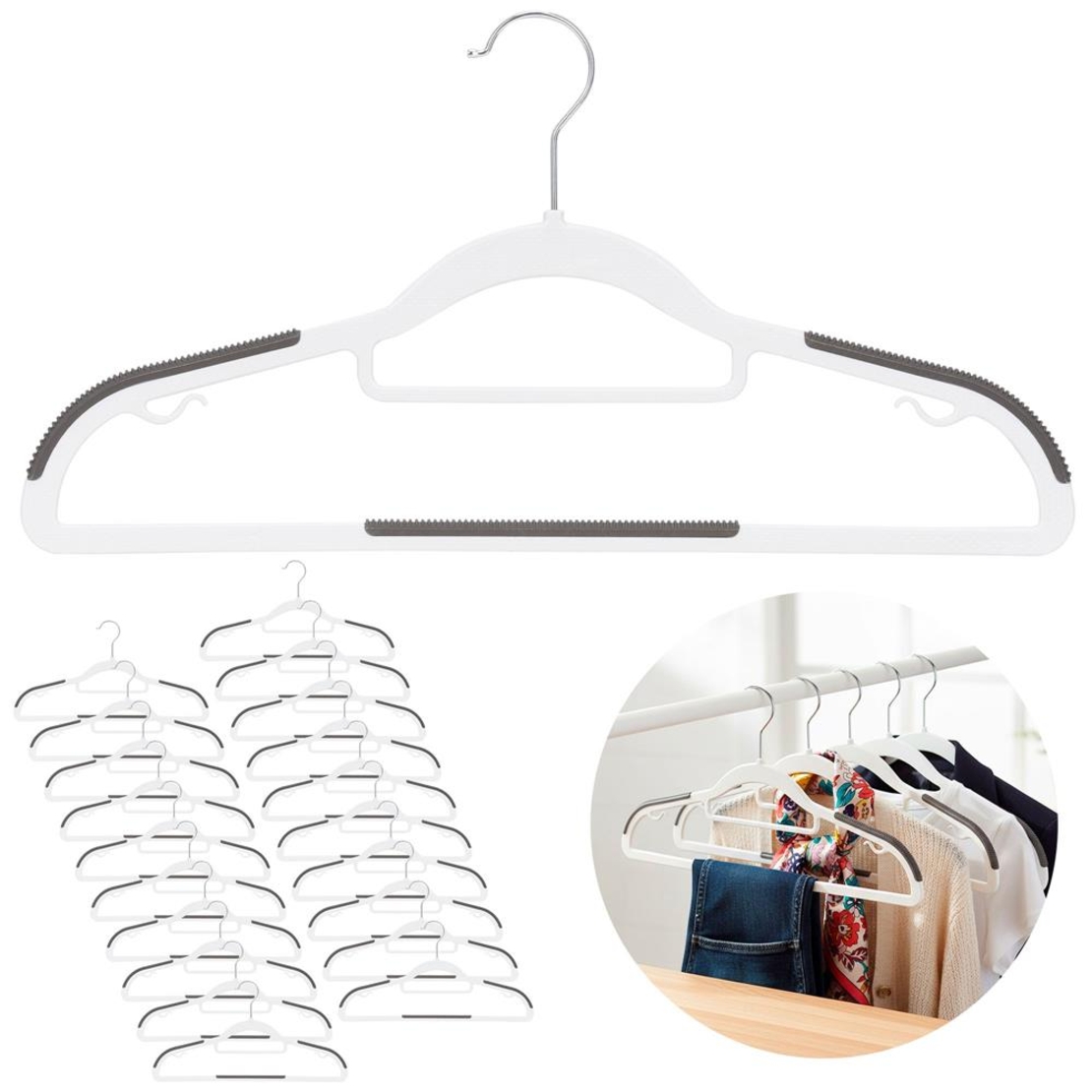 Set de 20 de umerase antiderapante pentru haine, din PE, cu carlig metalic rotativ, 41 cm, alb si gri