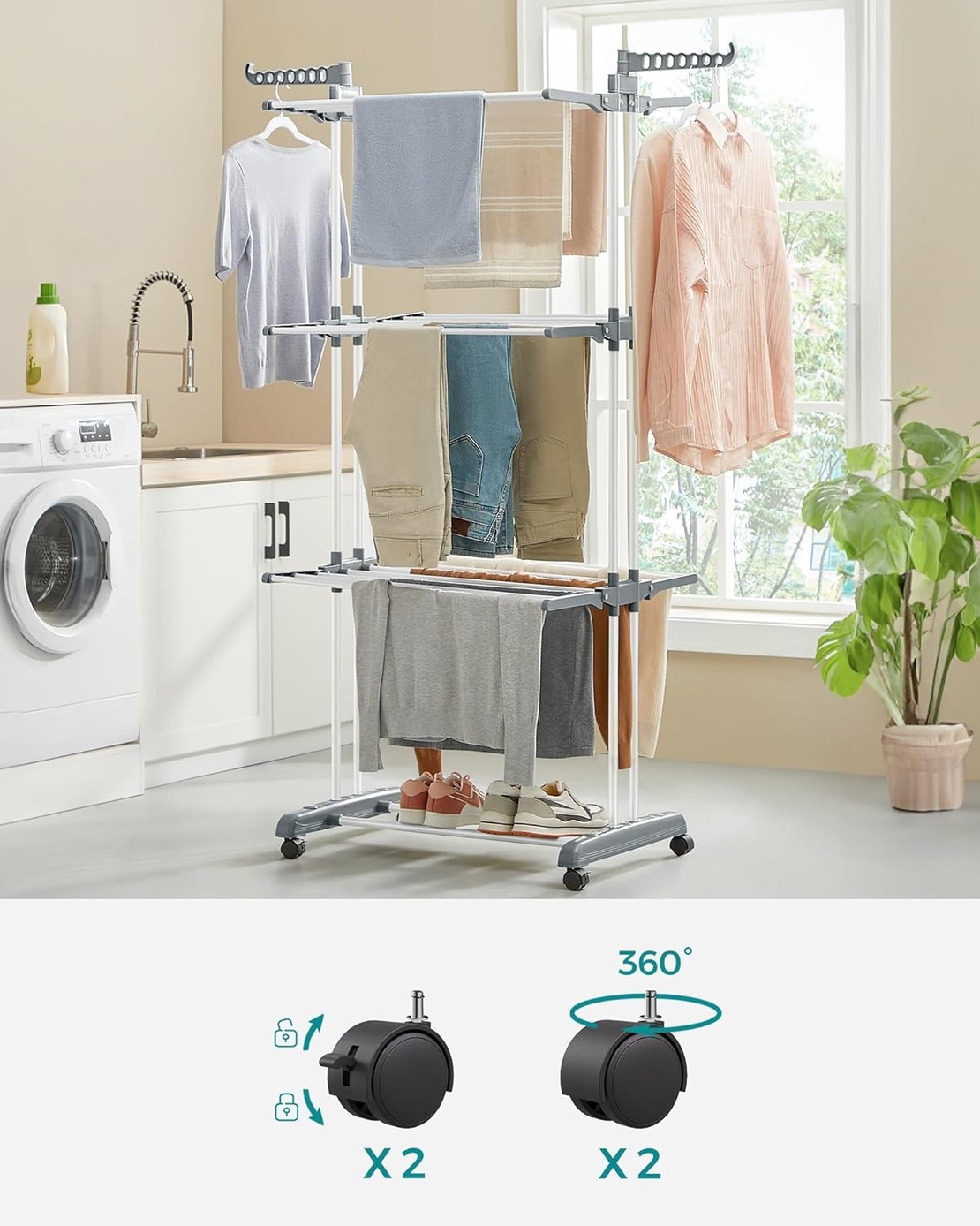SONGMICS Uscator de rufe pliabil 4 niveluri, cu aripi laterale si roti, otel inoxidabil, 126x64x172 cm, alb