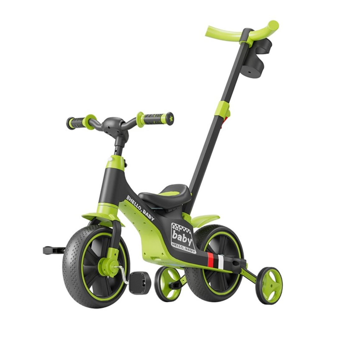 Bicicleta Multifunctionala pentru Copii, Vafy, 3 in 1 Bicicleta Troller Tricicleta, 2-6 ani, cu Roti Auxiliare, Ghidon si Scaun Reglabil, 93 x 78 x 43 cm, Negru Verde