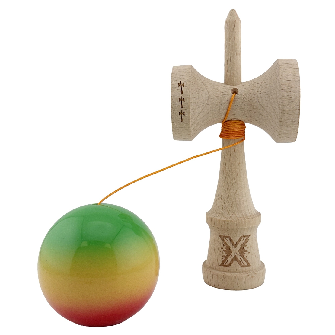 Kendama X Originala, Profesionala, Flippy, Big Cups V2, Super Sticky Cupe Mari, Rulment Metalic cu Ata 55 cm, Verde/Galben/Rosu