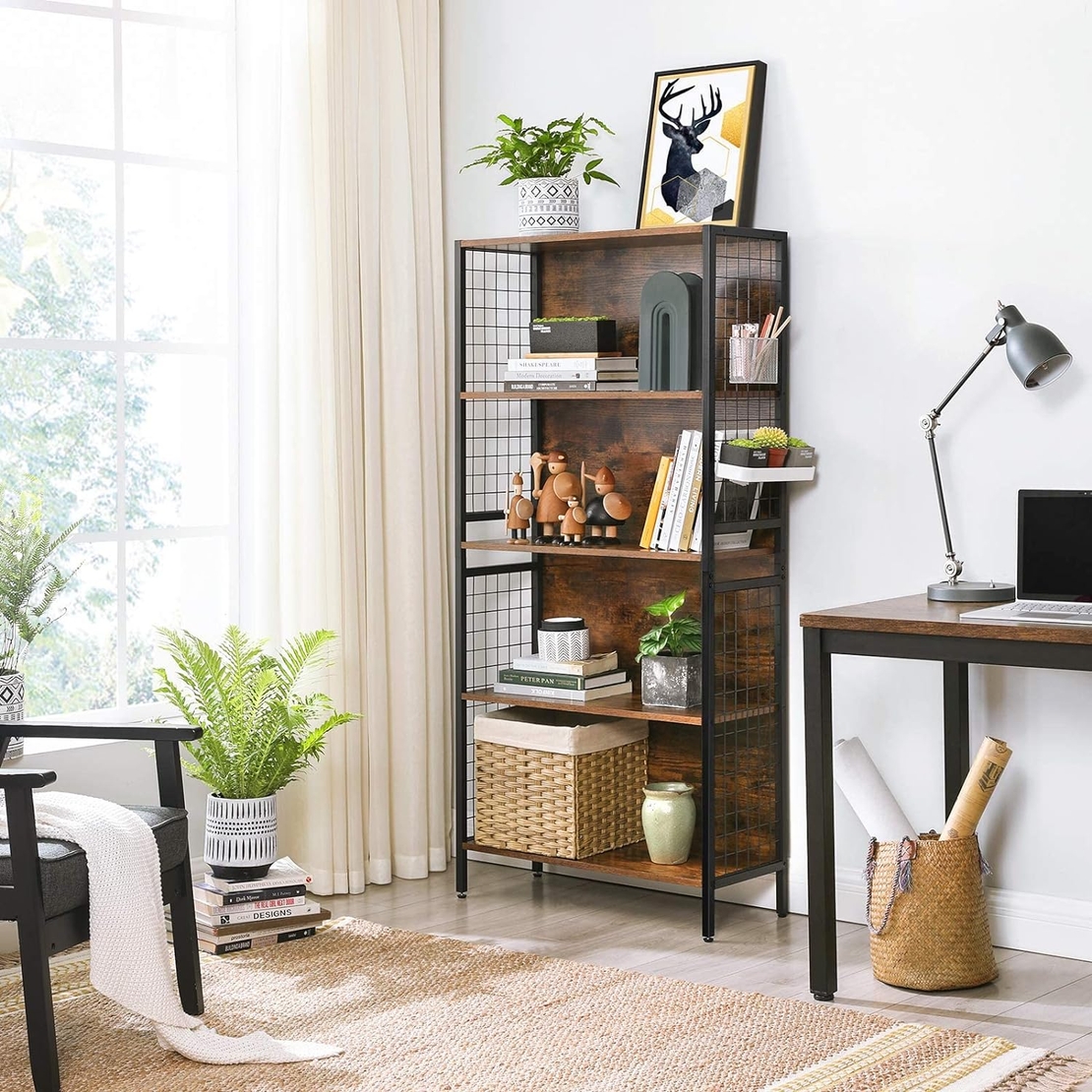VASAGLE Biblioteca, raft cu 4 niveluri, cadru otel si polite din MDF, 74x30x155cm, maro rustic si negru
