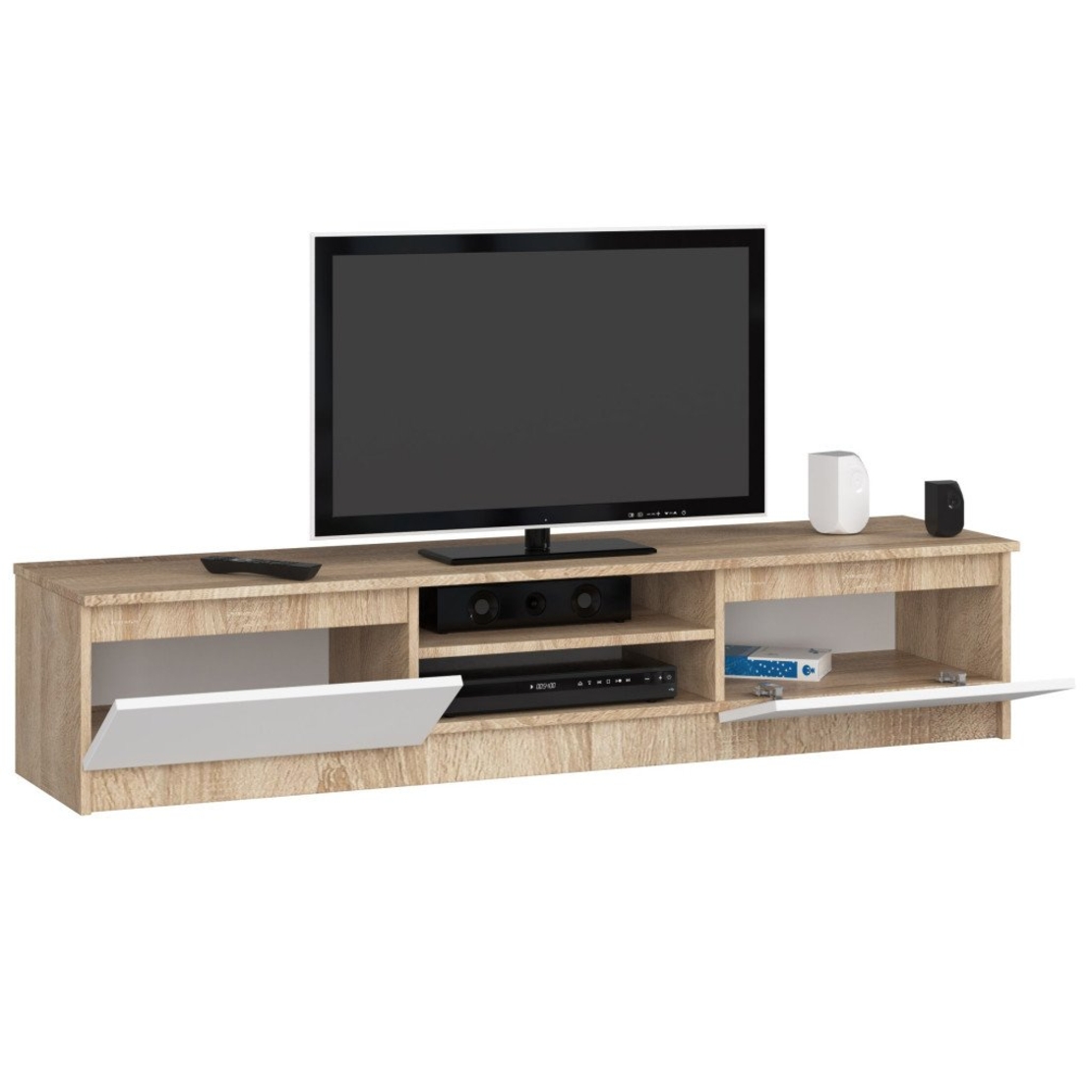 Comoda TV cu 2 usi si rafturi centrale, PAL laminat, 160x40x33 cm, stejar sonoma si alb