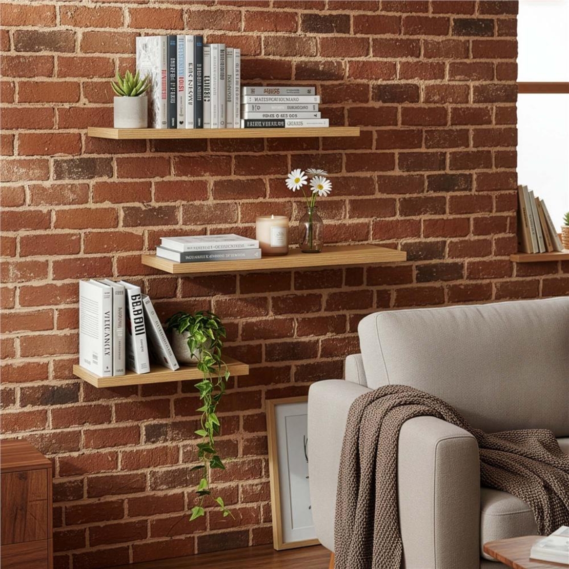 Set 3 rafturi plutitoare decorative de perete, din MDF cu suport metalic, 30, 45 si 60 cm, maro
