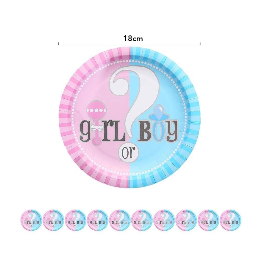 Set 10 Farfurii Gender Reveal, Vafy, Girl or Boy, din Carton, 18 cm, Roz/Albastru