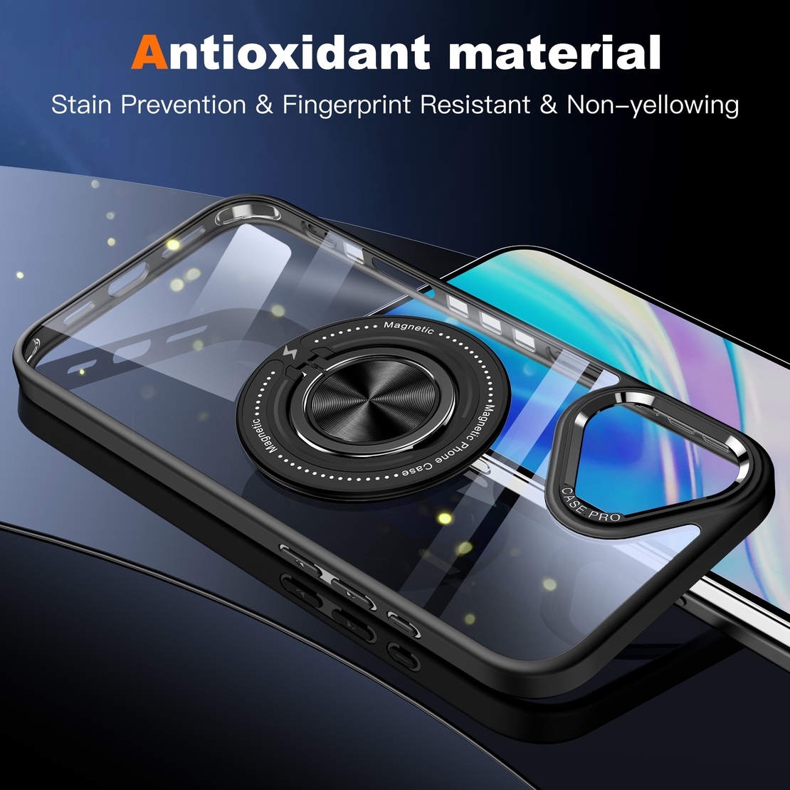 Husa de Protectie TPU, Vafy, pentru iPhone 16 Plus, Anticadere, cu Incarcare Wireless, Tehnologie Magsafe, Inel Magnetic Rotativ cu Functie de Suport, Transparent-Negru
