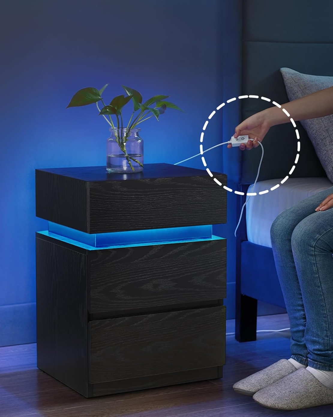 VASAGLE Noptiera din MDF cu iluminare LED, culori si intensitate reglabile, 35x40x55cm, negru