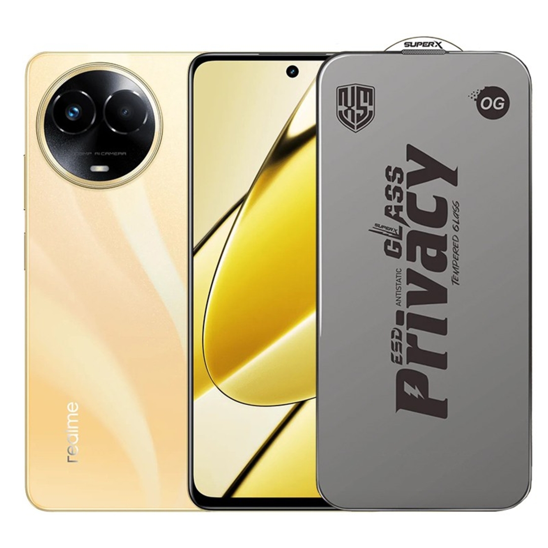 Folie de Protectie pentru Realme 11, Vafy, Sticla Securizata ESD Antistatica, Super-X Privacy OG, Margini Negre, 0.30 mm, Transparent Inchis