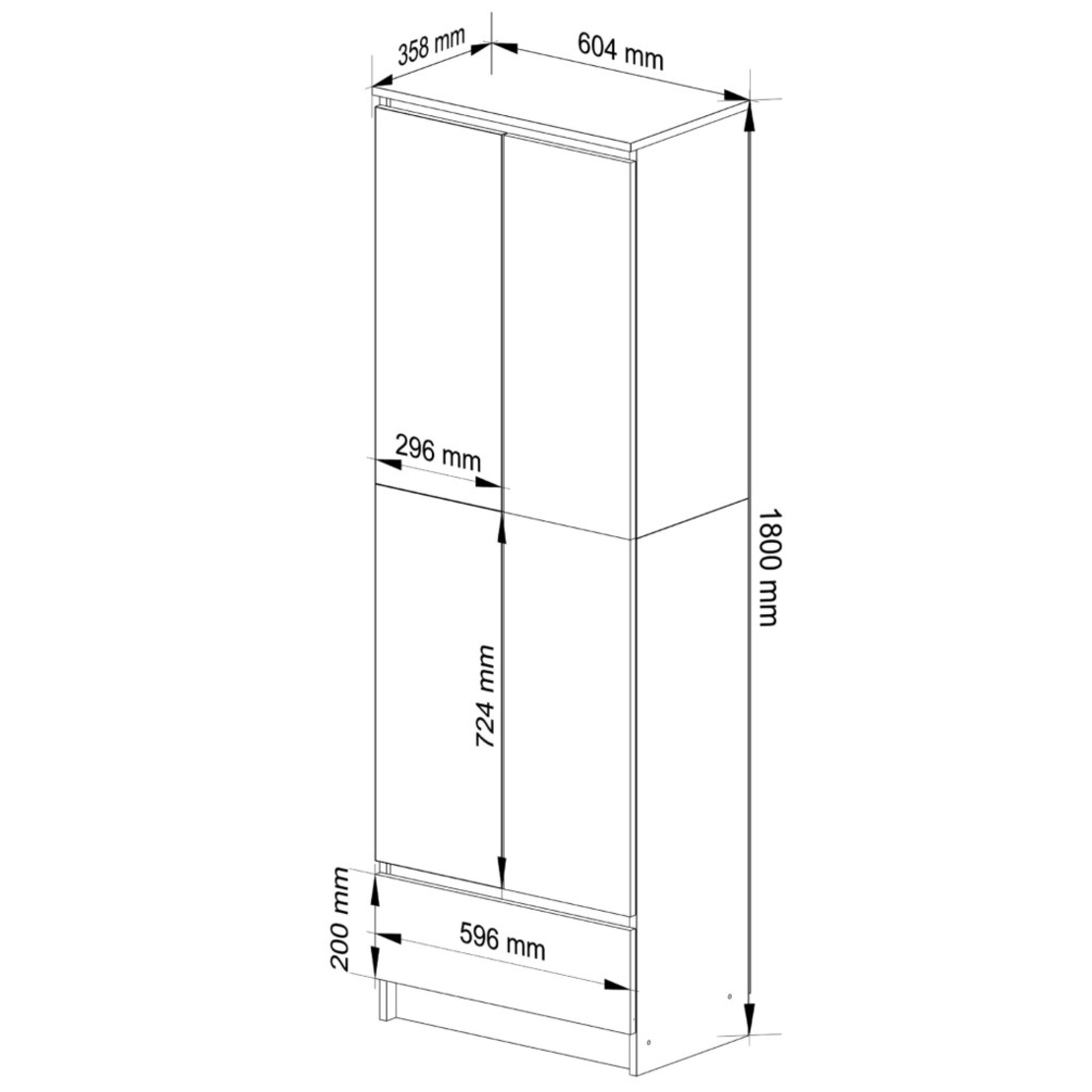 Dulap inchis cu 2 usi si sertar, 4 rafturi, PAL laminat 16 mm, 60x35x180 cm, alb si stejar sonoma
