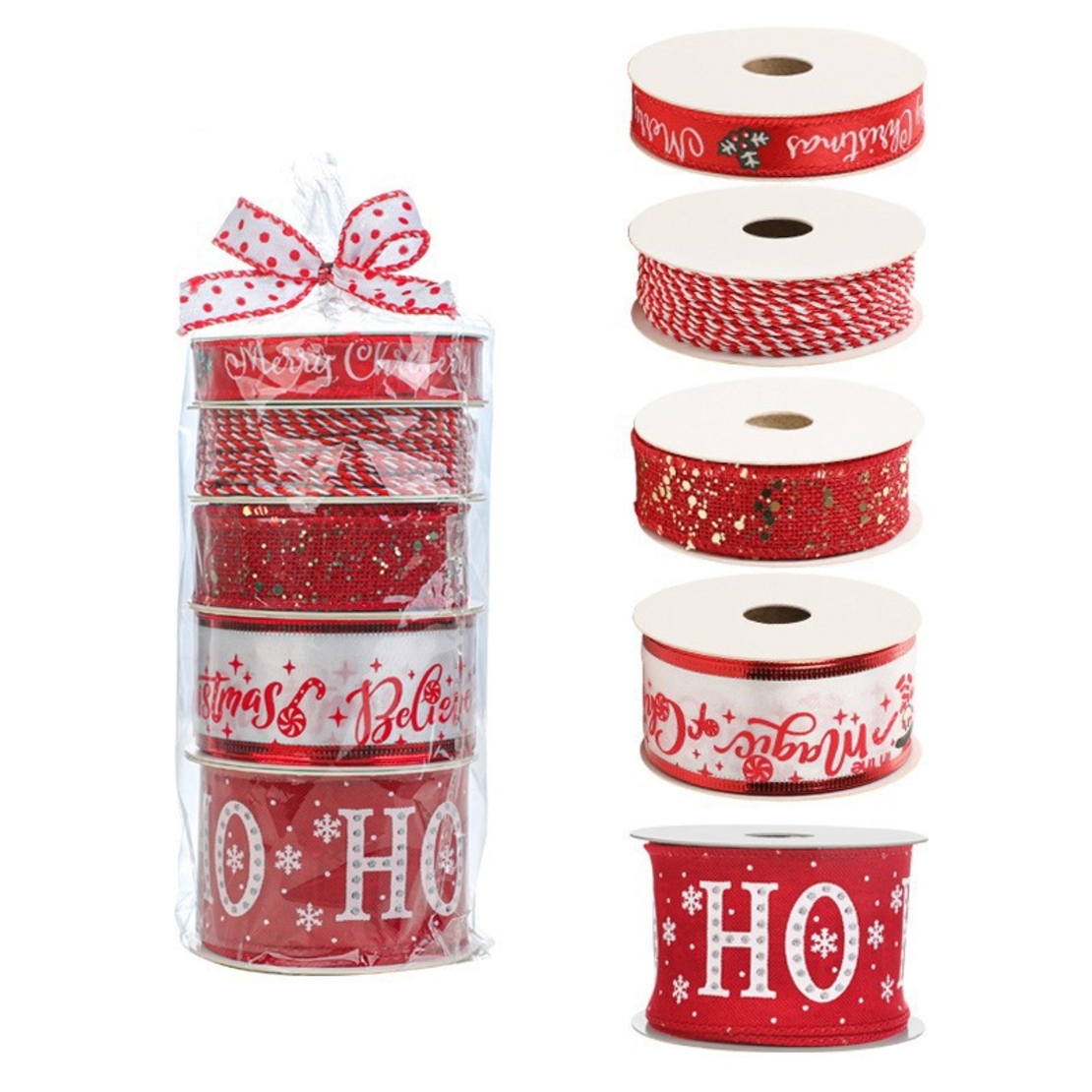 Panglica Decorativa cu Tematica de Craciun, Flippy, Set din 4 bucat + 1 Rulon Ata Rosie Alba, Panglica pentru Cadou de Craciun Brad si Decor, 2 M per bucata, Model HO HO HO, Rosu