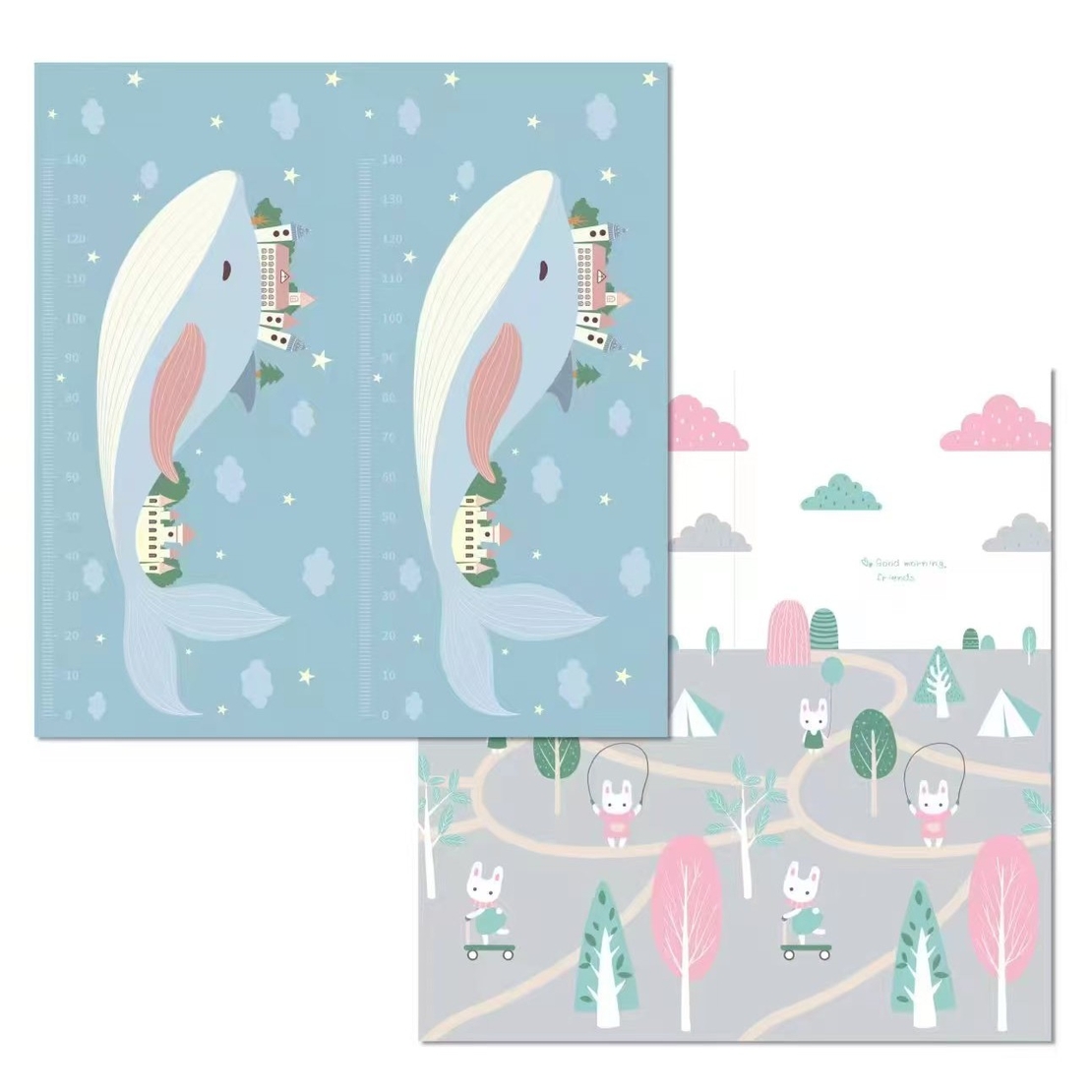 Covoras pentru Copii, Flippy, cu 2 Fete, Model Balene/Iepurasi, din XPE+PE, Impermeabil, Antiderapant, Protectie Termica, +3 Luni, Pliabil, 180 x 200 x 1.5 cm, Multicolor