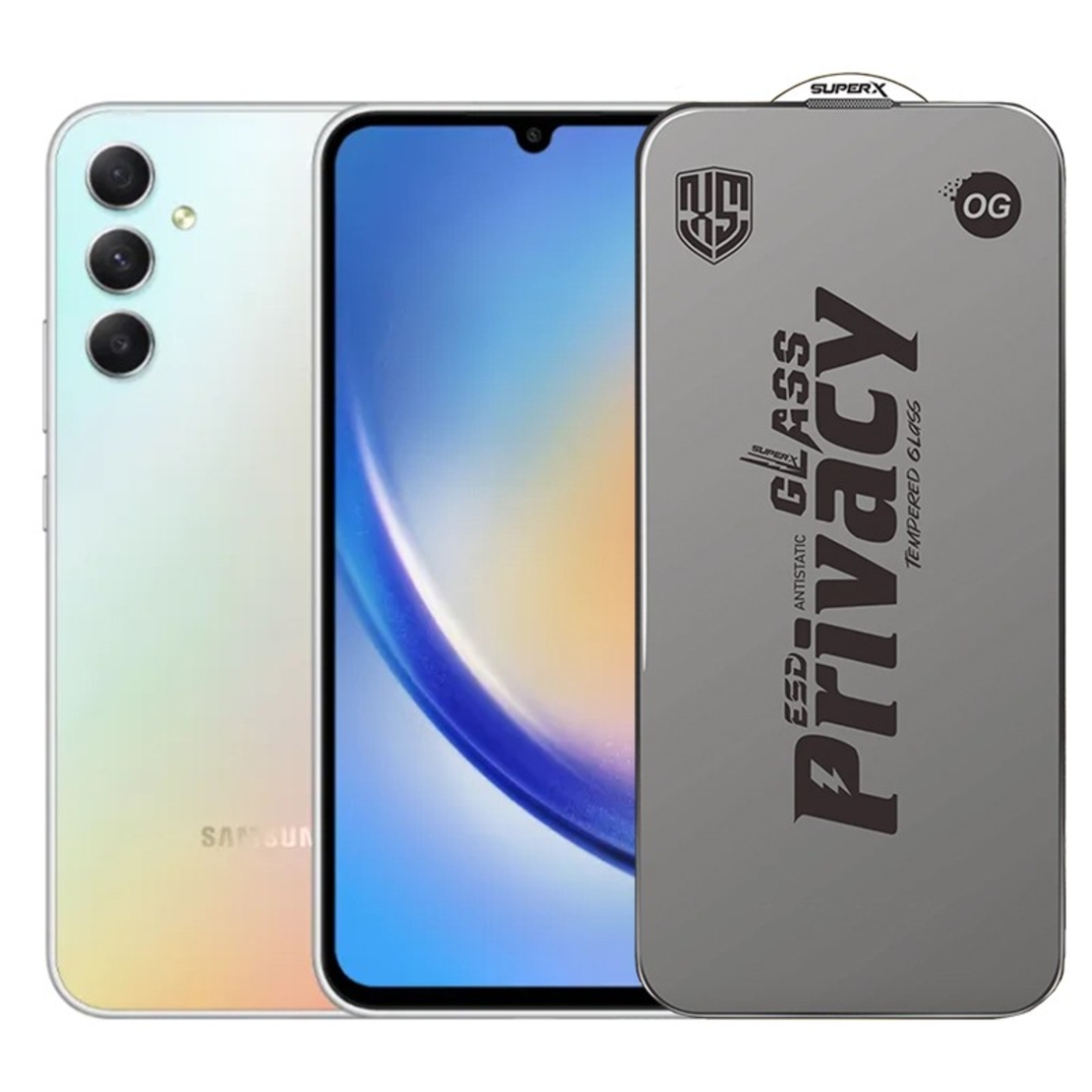 Folie de Protectie pentru Samsung Galaxy A34, Vafy, Sticla Securizata ESD Antistatica, Super-X Privacy OG, Margini Negre, 0.30 mm, Transparent Inchis