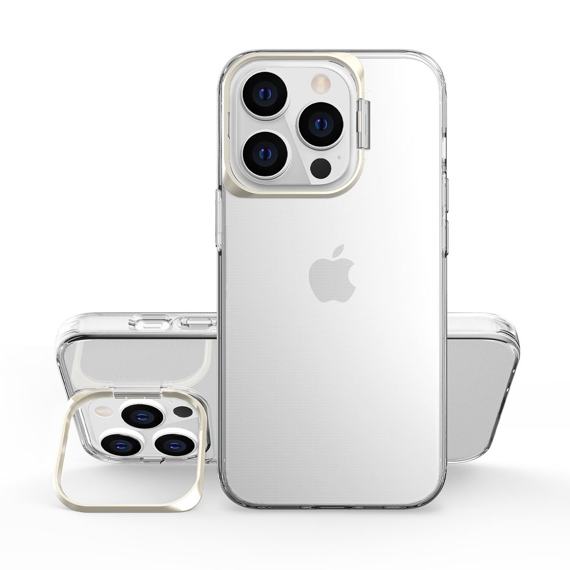 Husa de protectie pentru iPhone 14 Pro Max, cu suport metalic pentru camera, Bracket Series, Vafy, Protectie Antisoc, PC mat, silicon moale pe margini, Transparent