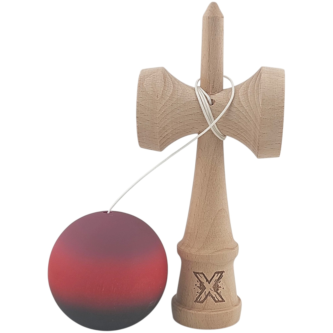 Kendama X Originala, Profesionala, Flippy, din Lemn, Rubber Grip, 18 cm, Mov/Rosu/Negru