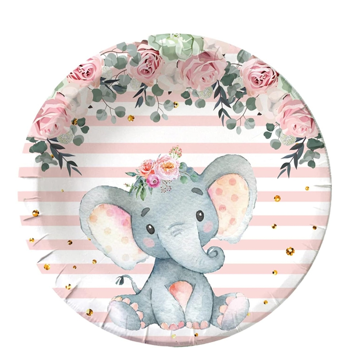 Set 10 Farfurii Unica Folosinta, Flippy, Imprimeu Elefant, din Carton, 22 cm, Roz