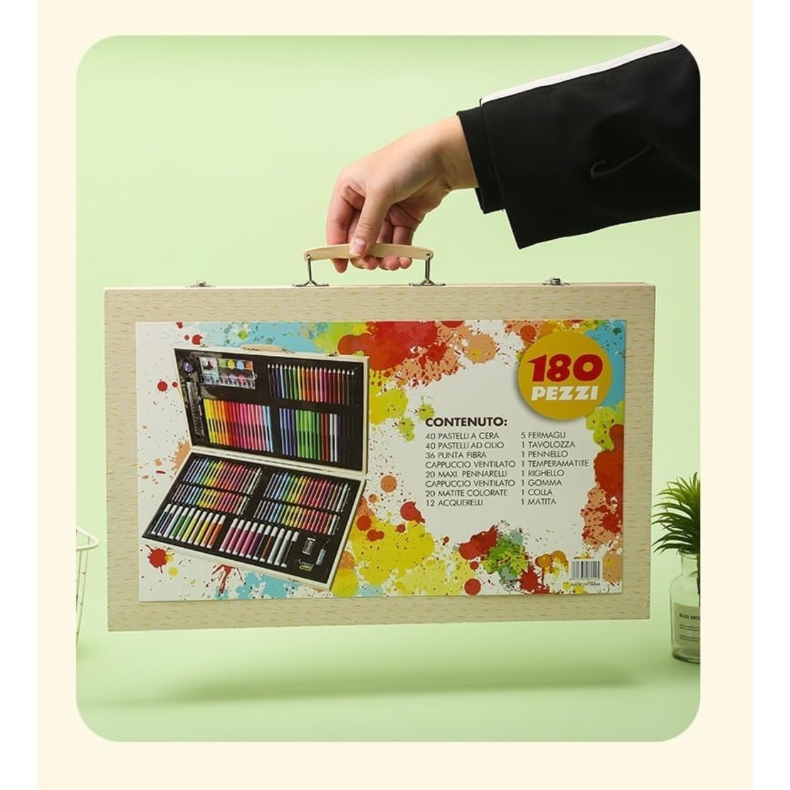 Set 180 Piese pentru Desen si Pictura, Flippy, Tip Servieta din Lemn, Model Natur, 46 x 30.9 x 4.1 cm, Multicolor