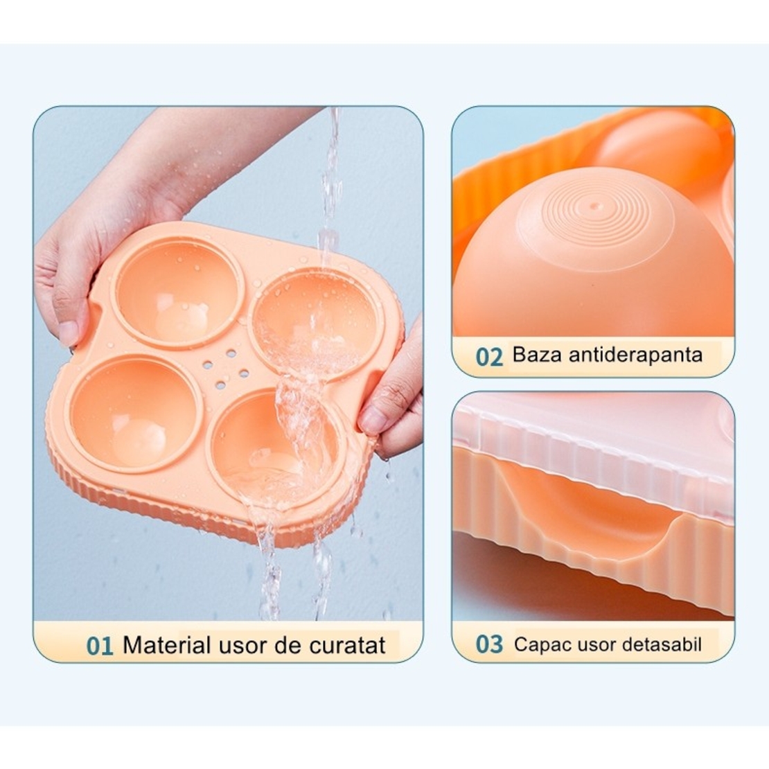 Forma Sfere de Gheata pentru Wiskey si Cocktail-uri Flippy, 4 Sfere, Material Plastic/Silicon Alimentar, Diametru 6.5 cm, cu Orificiu Tip Palnie pentru Umplere, 17 x 17 x 7 cm, Portocaliu