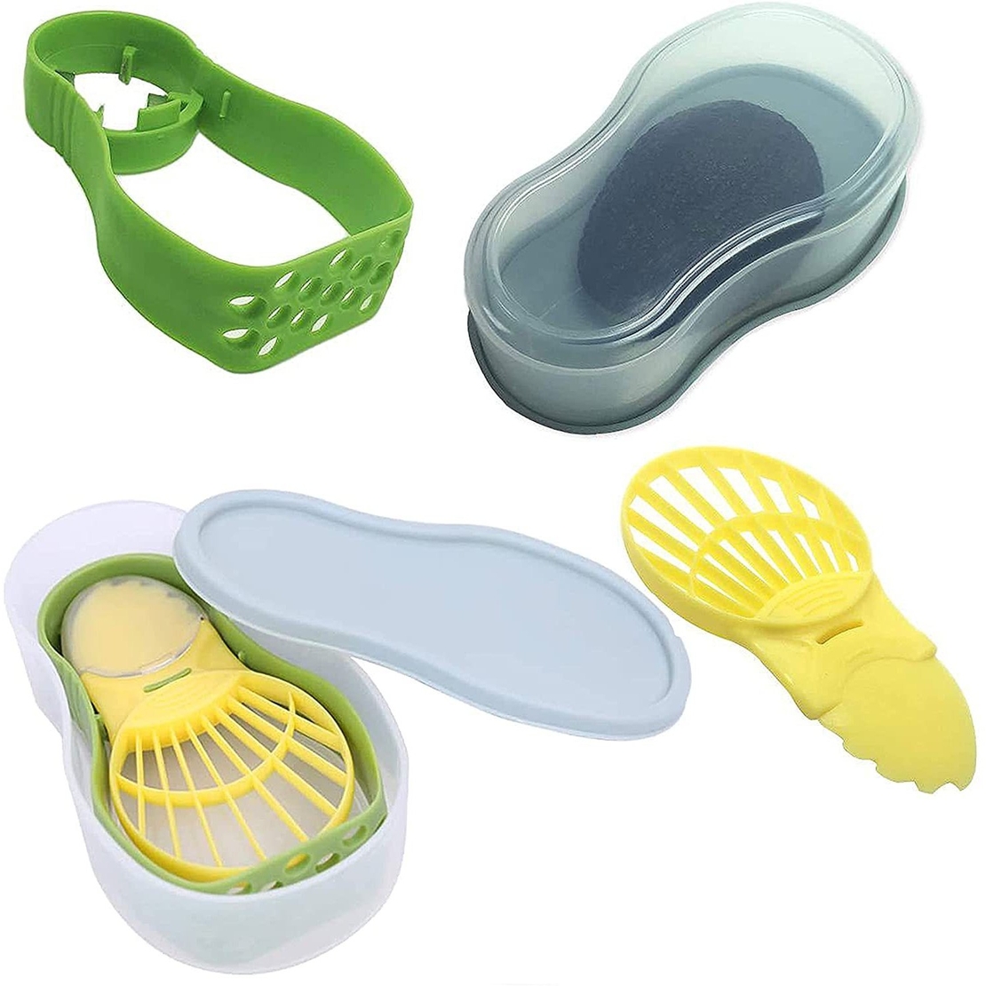Recipient de Depozitare Avocado 5in1, Flippy, Etans, pentru Frigider, din Plastic, Dispozitiv de Taiat, Curatat, Feliat, 14x4x7 cm, Verde