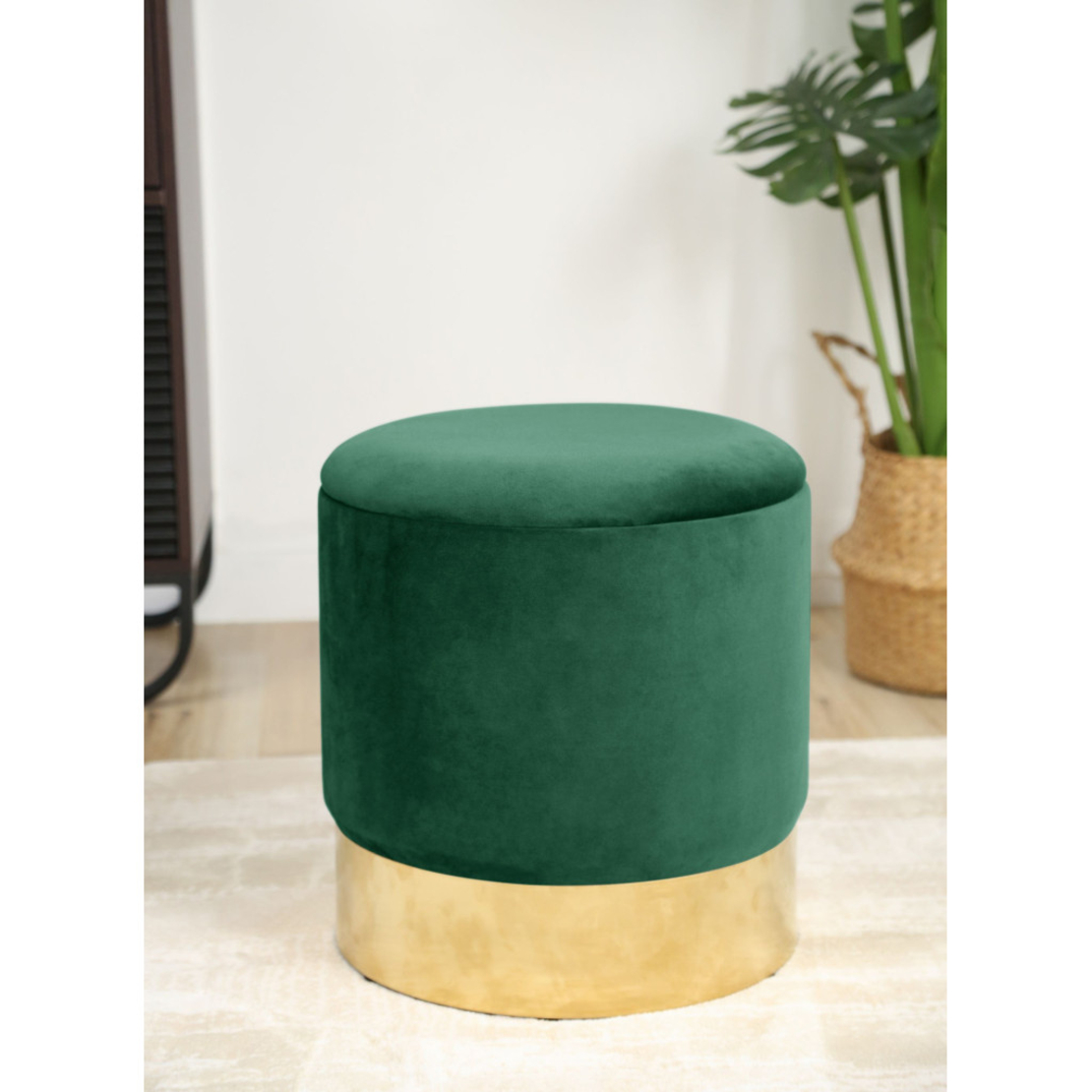 Taburet tapitat rotund Golden cu spatiu de depozitare, velur, 39x39x40 cm, verde