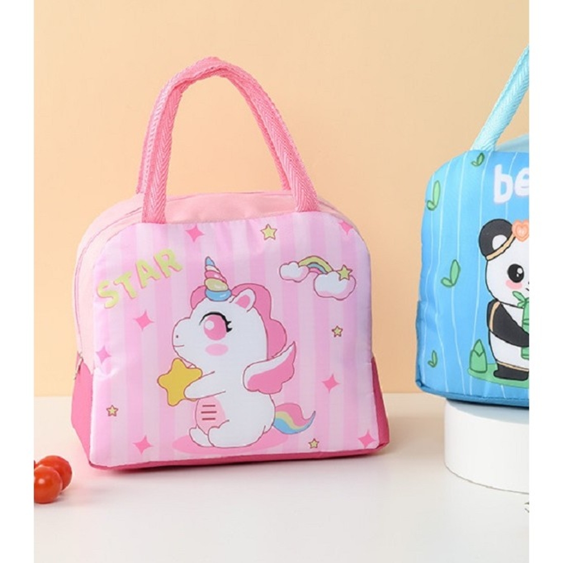 Geanta Termoizolanta pentru Copii, Flippy, 23x13x19 cm, Model Imprimeu Unicorn, din Folie de Aluminiu si Panza Oxford, Roz