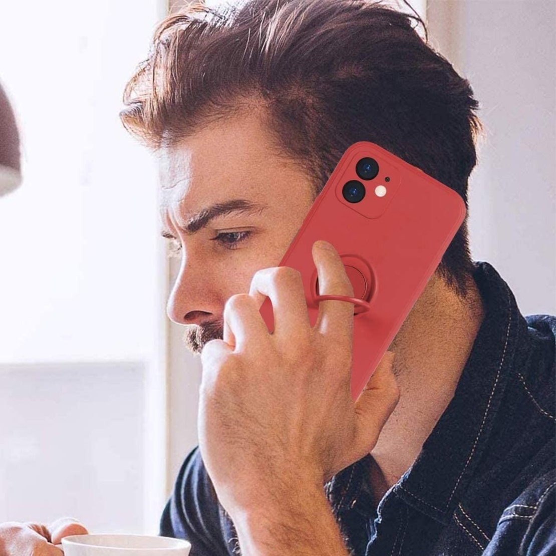 Husa protectie Vafy compatibila cu Apple iPhone 12 Liquid Silicone Ring cu suport rotativ Rosu