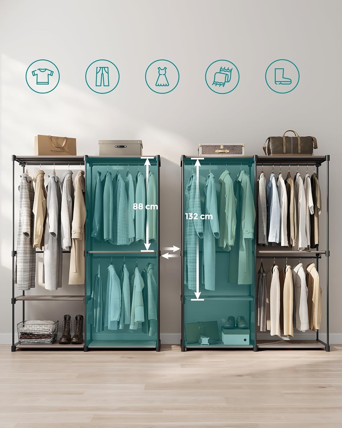 SONGMICS Dulap de haine portabil, cu 3 bare de agatat si rafturi, 138x43x182 cm, maro taupe