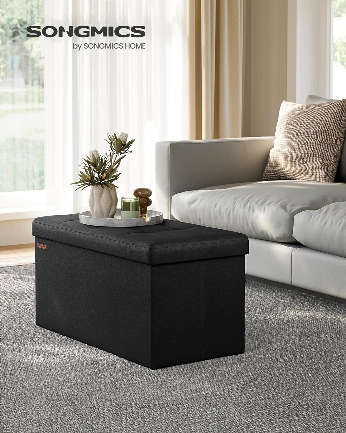SONGMICS Taburet pliabil cu sezut moale, spatiu de depozitare 89 litri, maxim 300kg, 76x38x38 cm, negru