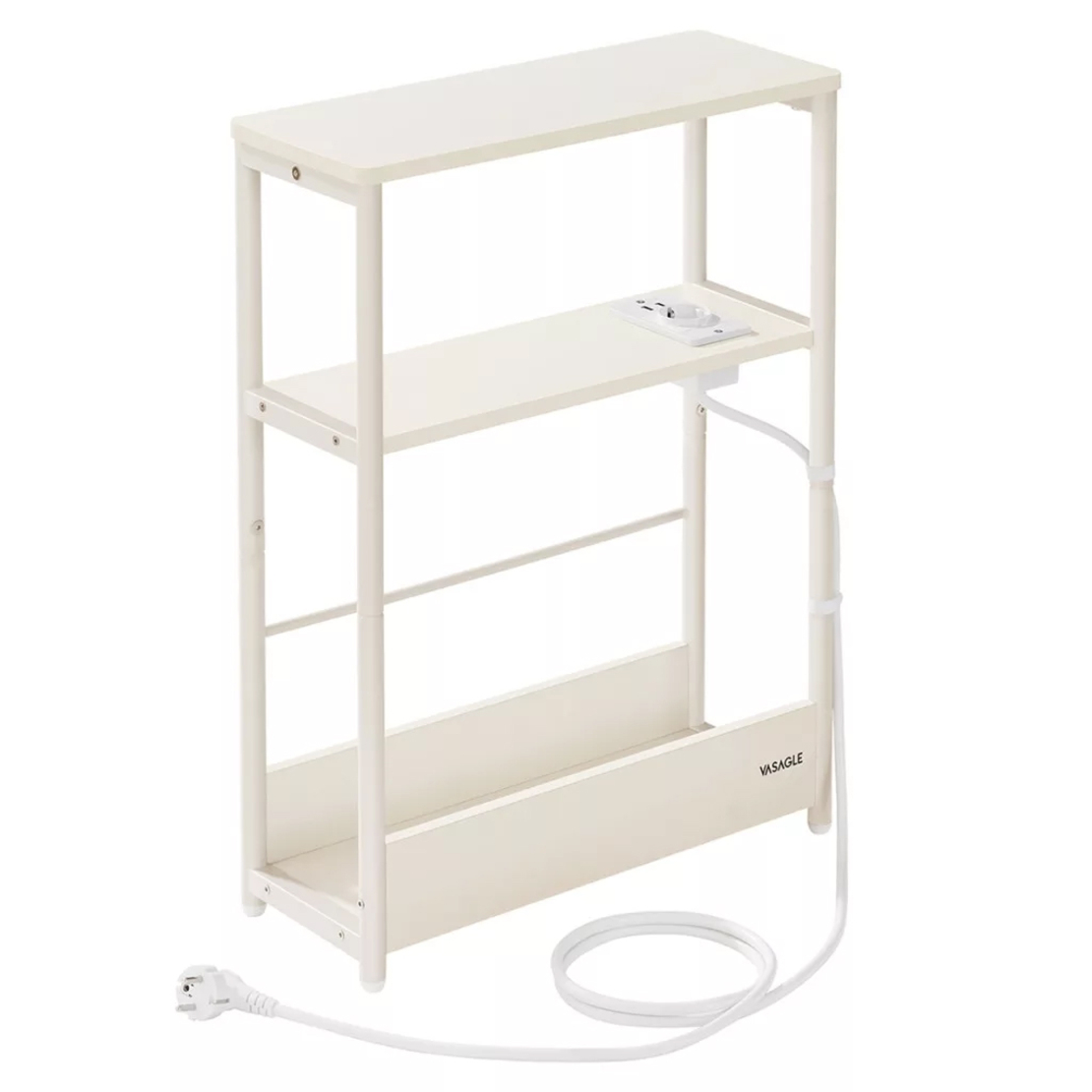 VASAGLE Masuta ingusta cu priza si porturi de incarcare USB, 3 rafturi, 45x18x58 cm, alb crem