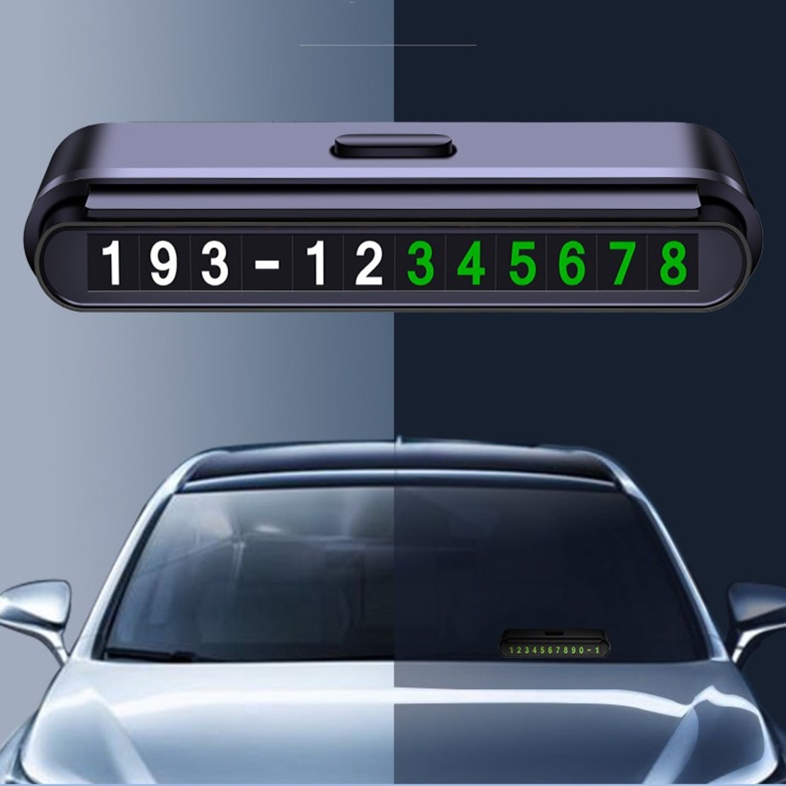 Suport Numar de Telefon pentru Parcare Auto, Flippy, Suport pentru Numarul de telefon, Banda glisanta pentru Ascundere, Banda Adeziva Inclusa, 120 x 48 x 24 mm, Cifre Verzi, Negru Mat