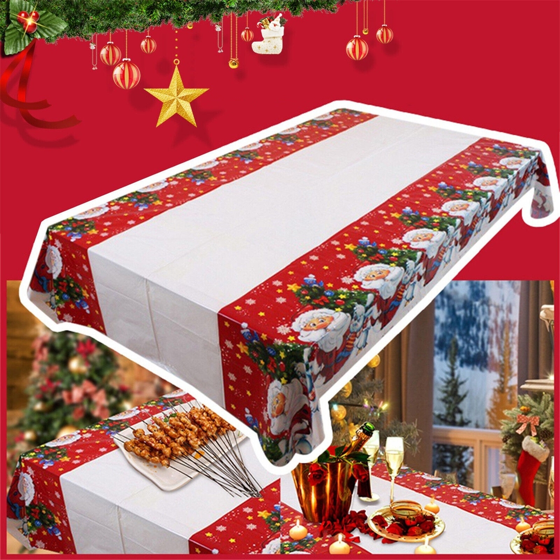 Fata de masa dreptunghiulara Flippy, PVC, 2.5 mm grosime, imprimeu Mos Craciun cu iepuras, potrivit pentru Craciun, utilizare multipla, 180 x 108 cm, alb