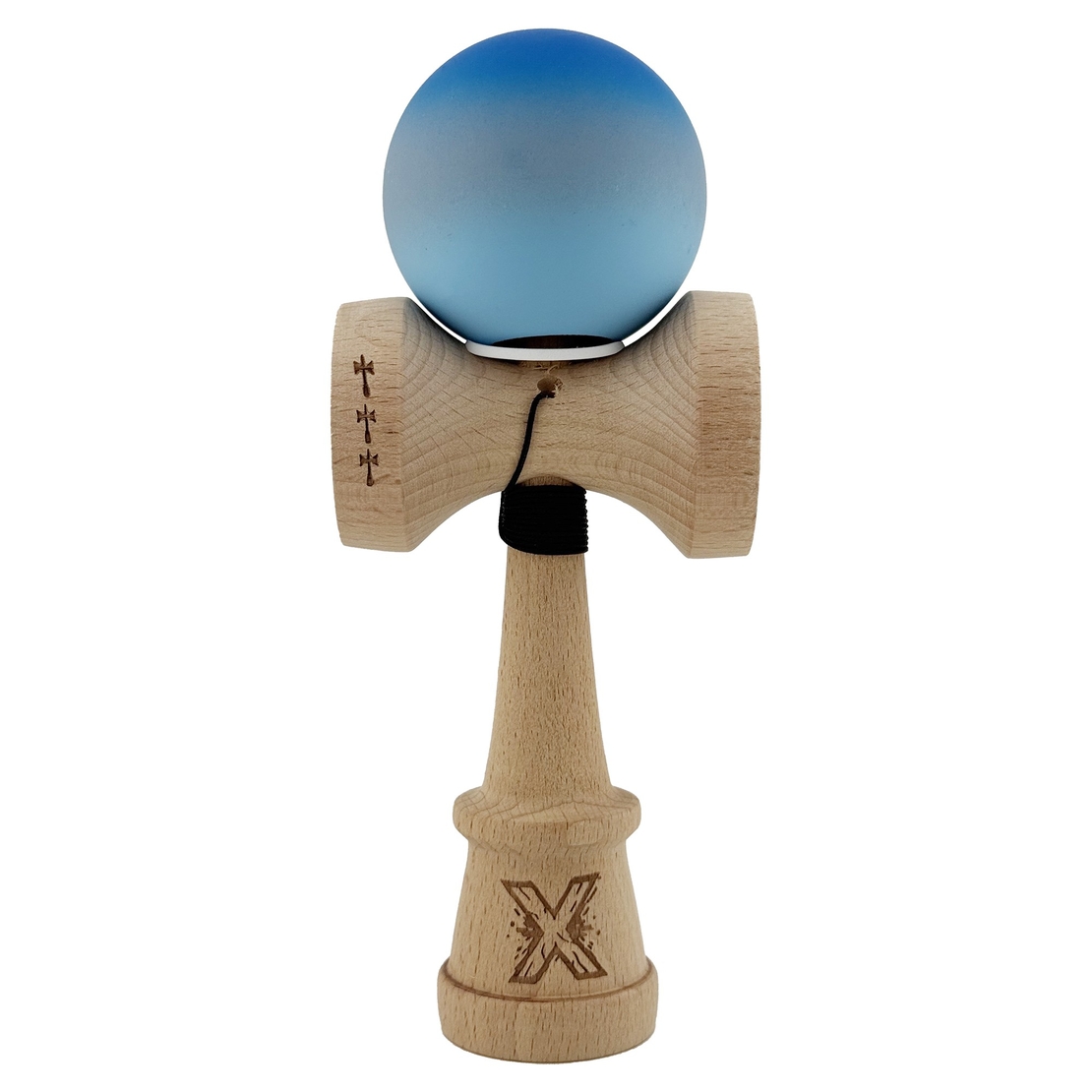 Kendama X Originala, Profesionala, Flippy, Cupe Mari KING SIZE V3, Rubber Grip, Gaura in Baza, Rulment Metalic, din lemn 18 cm, Ata 62/65 cm, Gradient Albastru/Gri/Albastru deschis