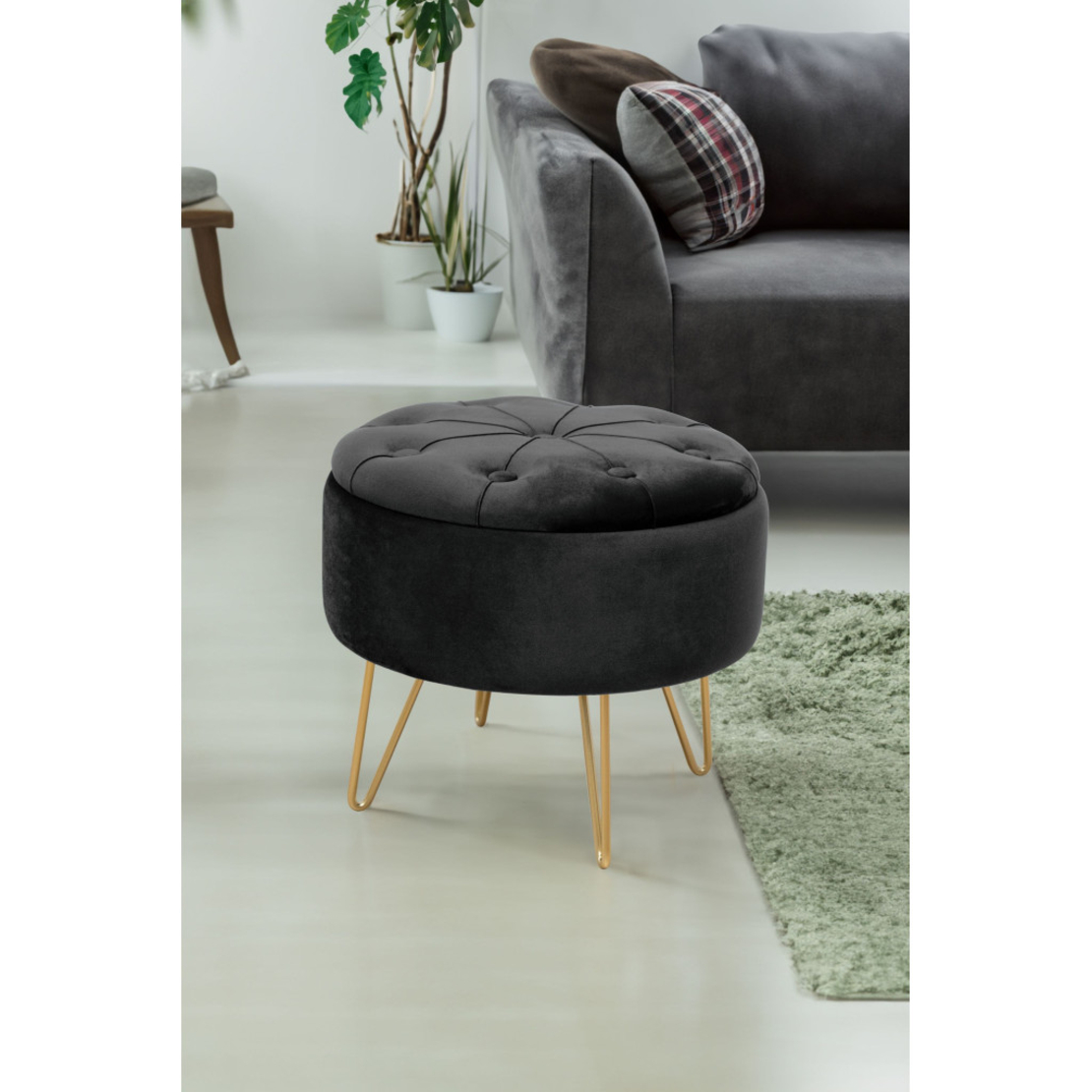 Taburet Caro cu spatiu depozitare, tapitat cu velur, 38x33 cm, negru