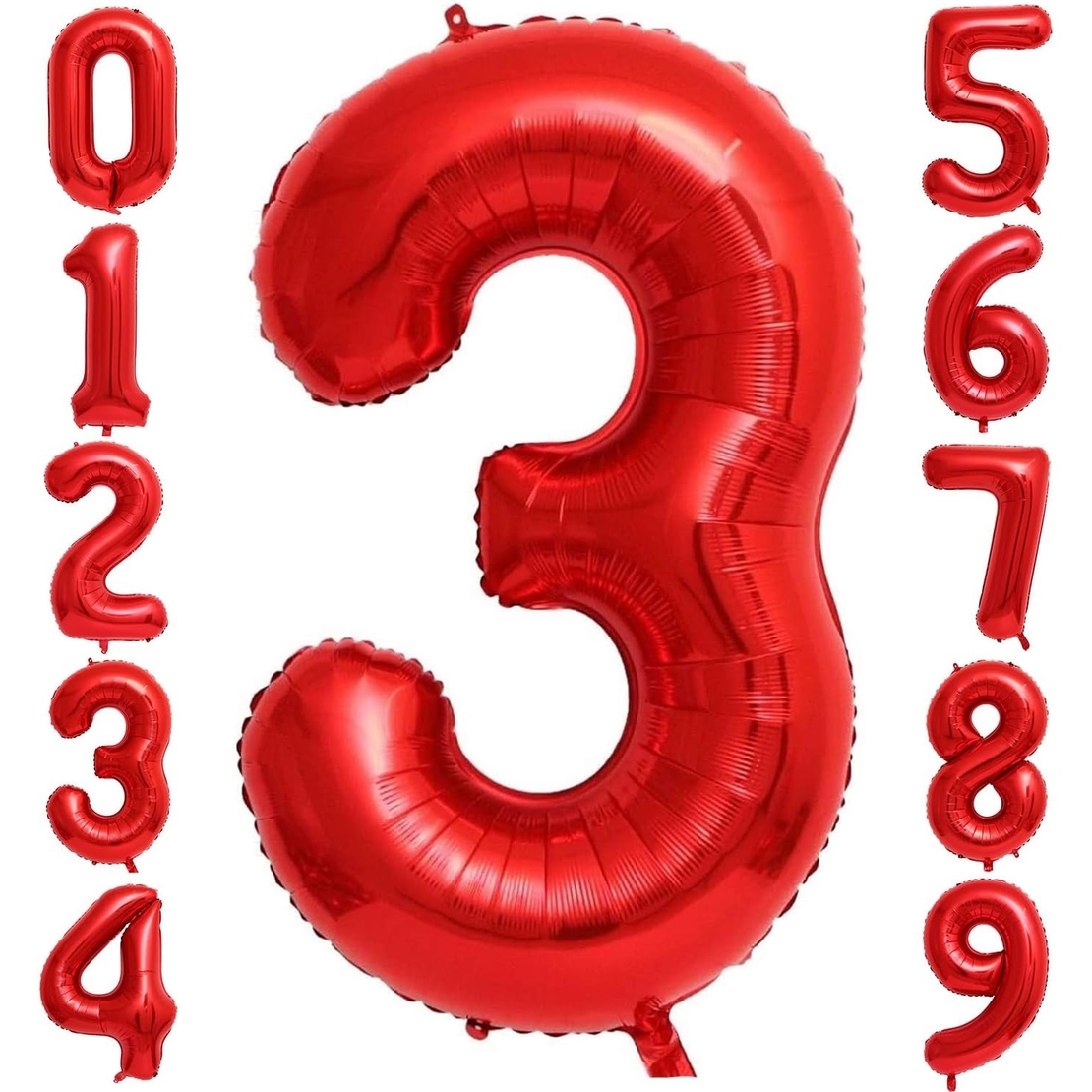 Balon din Folie Metalizata Flippy, Figurina Cifra, Tema Aniversare 80 cm, Ambalaj Individual, Pai inclus, Umflare cu Aer sau Heliu, Rosu, Cifra 3
