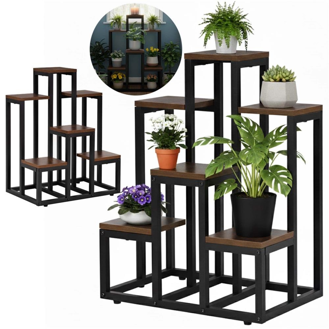 Suport pentru flori cu 6 polite din lemn, structura metal, 51x34x68 cm, negru