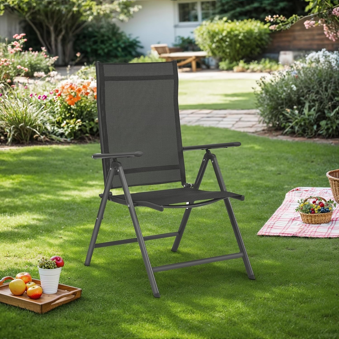 SONGMICS Set 2 scaune gradina pliabile cu spatar reglabil 8 pozitii, 150 kg, 56x70x106 cm, negru